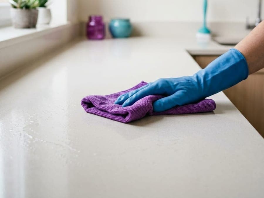 Main gantée de bleu essuyant un plan de travail clair avec une microfibre violette