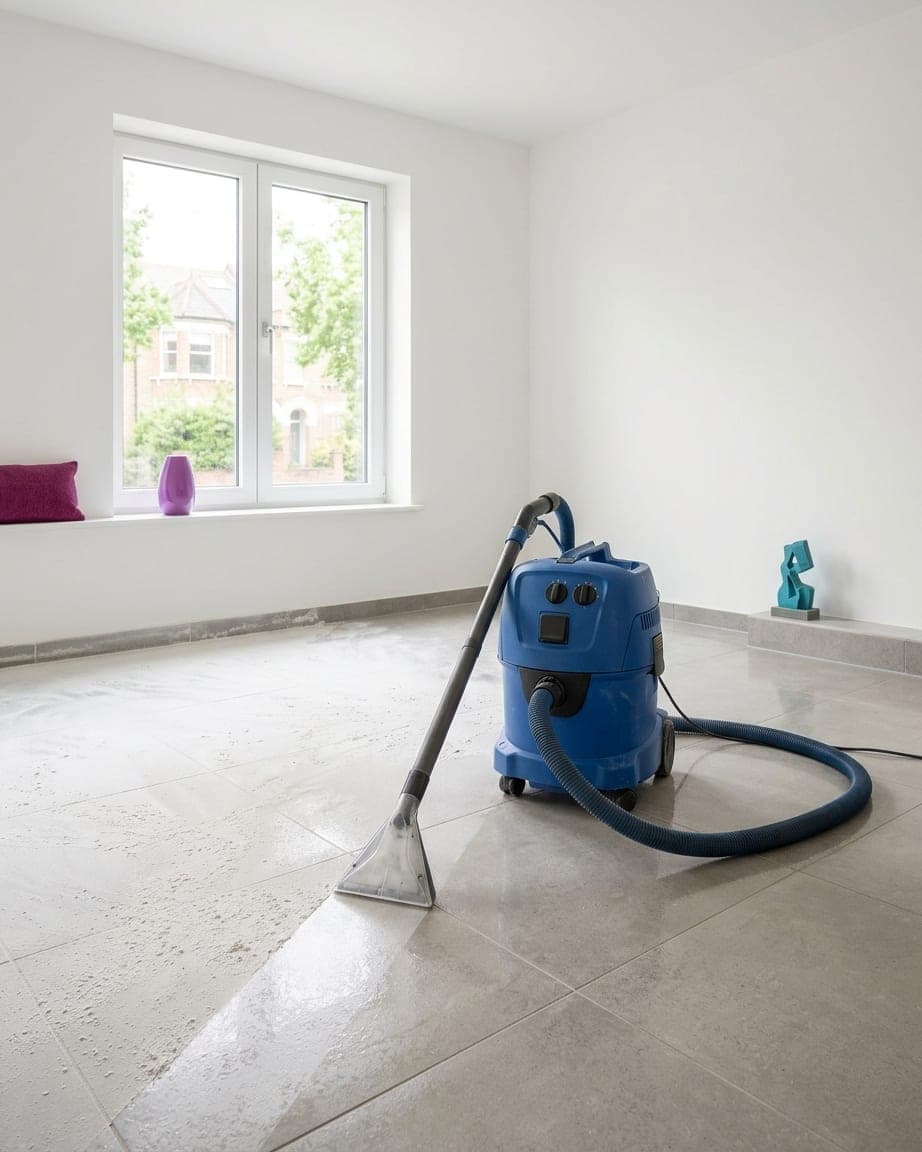 Pièce rénovée et vide, aspirateur de chantier sur un sol encore voilé de poussière de plâtre