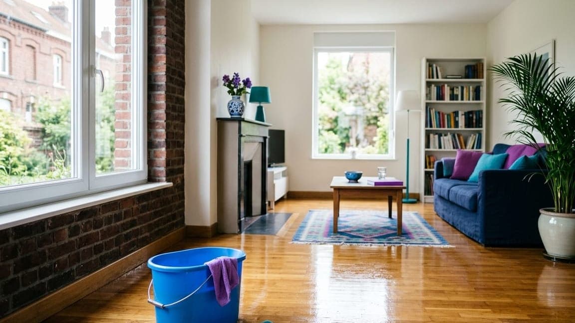Séjour lumineux d’une maison de briques au parquet brillant, seau bleu et microfibre turquoise posés au premier plan
