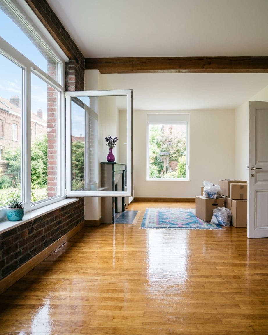 Pièce remise en état au parquet dégagé et lavé, fenêtre grande ouverte et cartons regroupés
