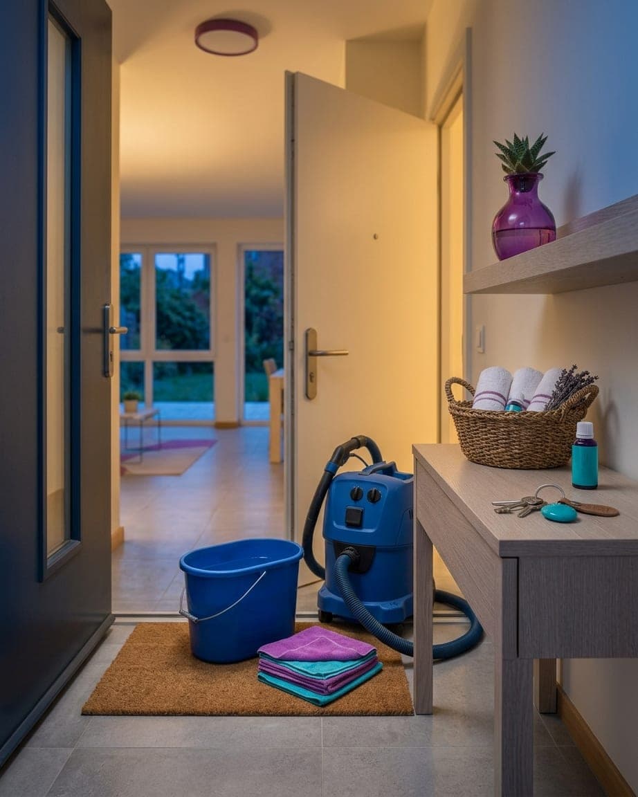 Porte d’entrée ouverte le soir, aspirateur à eau, seau et microfibres prêts sur le paillasson