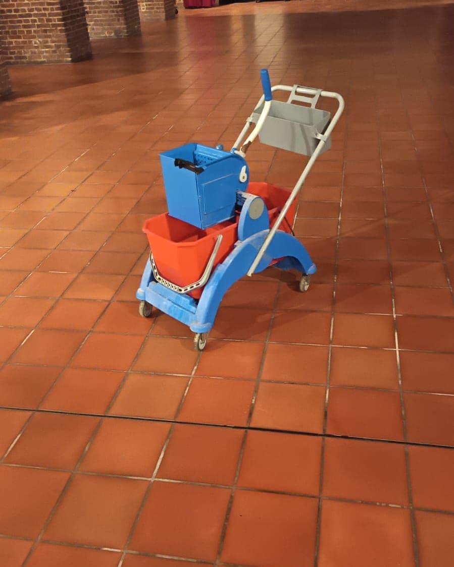 Chariot de lavage bleu avec seaux et presse-mop posé sur un sol en terre cuite, piliers de briques derrière