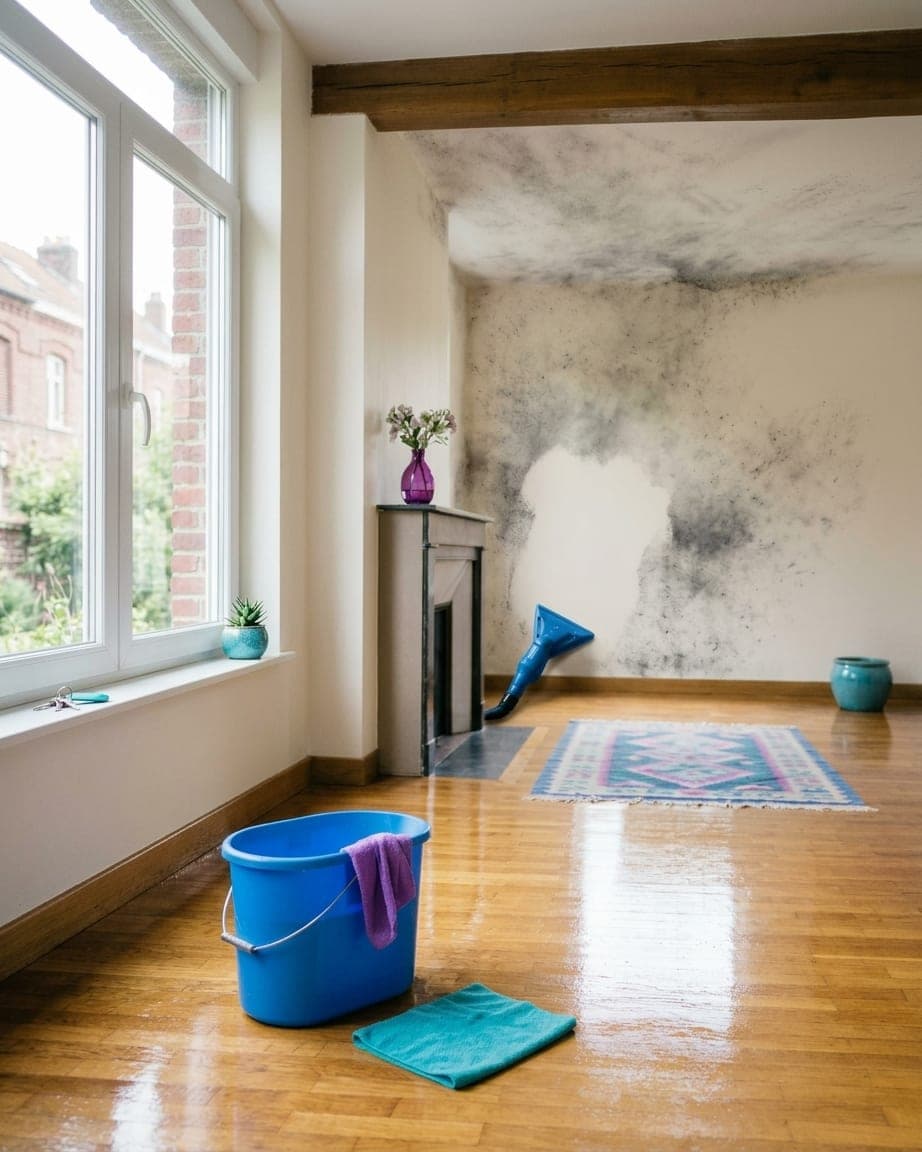 Mur et plafond noircis par la suie, avec une large zone déjà lessivée redevenue claire
