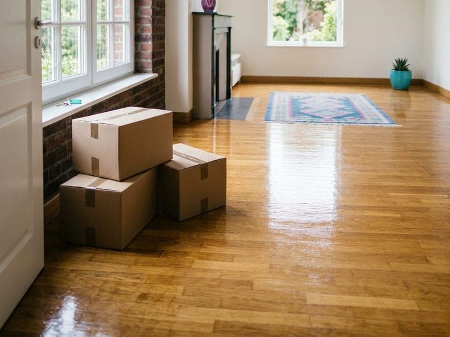 Logement vide au parquet lavé et brillant, cartons près de la porte