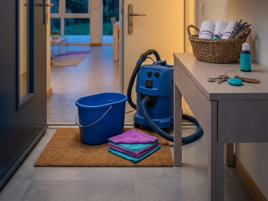 Seau, microfibres et aspirateur à eau prêts à servir au seuil d'une porte
