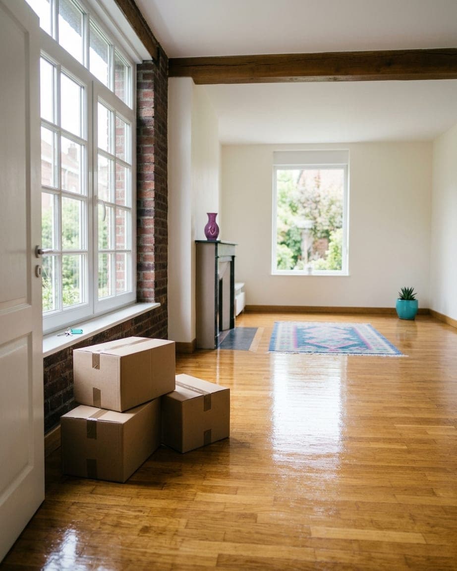 Pièce vide au parquet lavé, cartons de déménagement fermés près de la porte