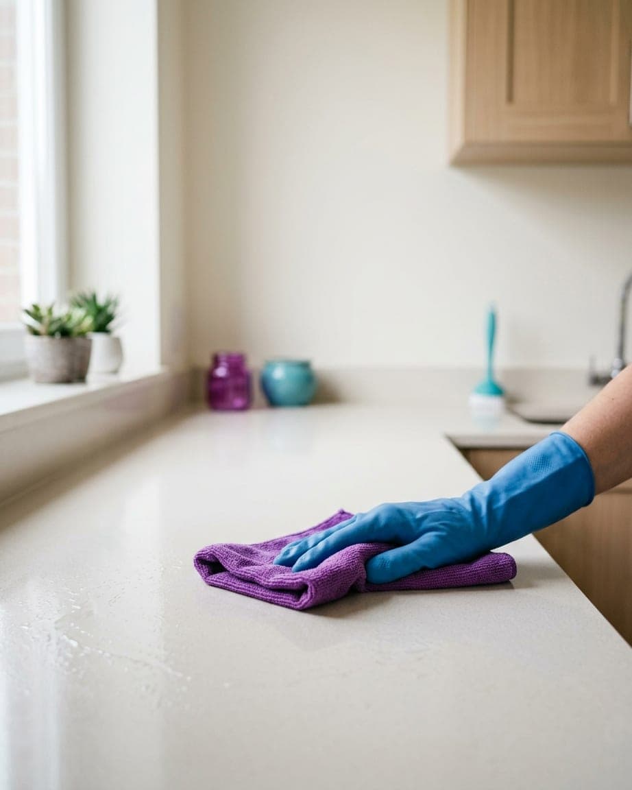Main gantée de bleu qui passe une microfibre violette sur le plan de travail de la cuisine